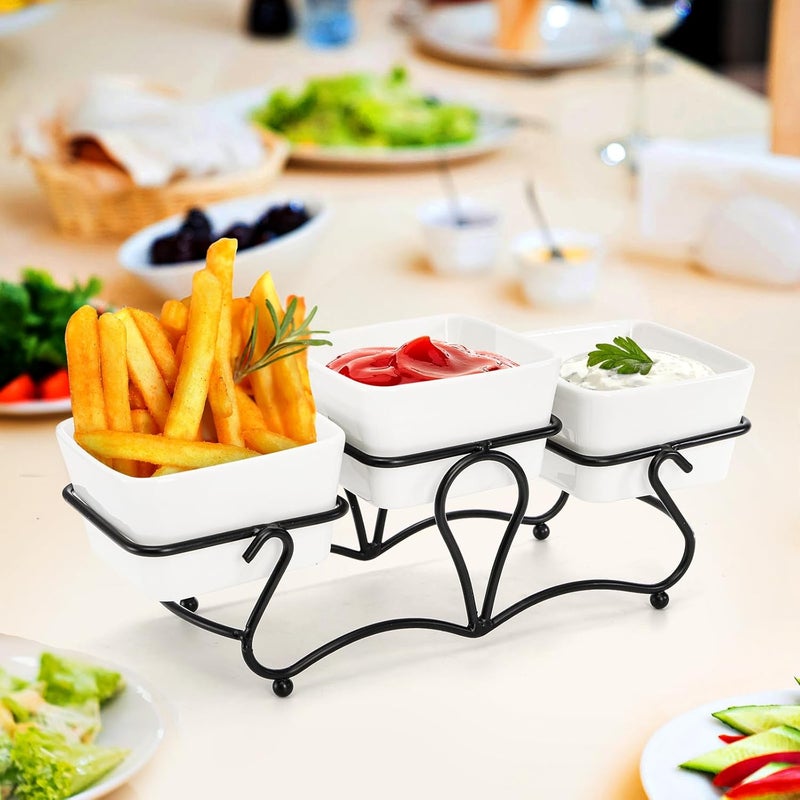 Eorbow 10 OZ Square Bowl Chip & Dip Serving Set, 3 Pieces Ceramic Condiment Server with Metal Stand, Serving Dish Tray for Party Entertaining, Small Snack Platters for Side Dish Appetizer Nuts - Image 5
